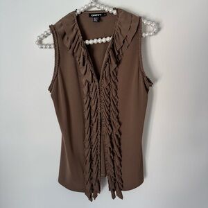 DKNY Chocolate Sleeveless Ruffled Blouse